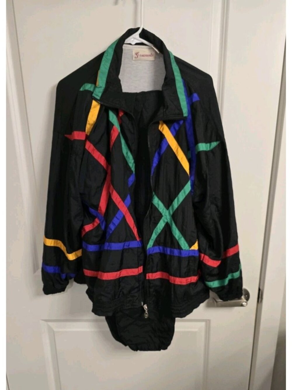 Vintage 80s G Casuals Tracksuit XL Black Colorblock Windbreaker Jacket Pants Set